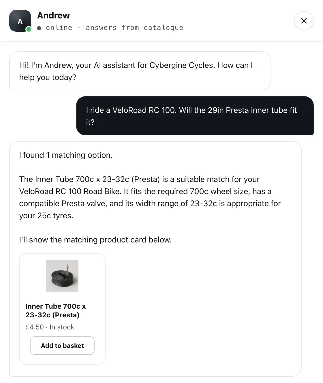 Cybergine chat: a shopper asks if a 29in Presta inner tube fits a VeloRoad RC 100 road bike, and the assistant recommends the in-stock 700c x 23-32c Presta tube, citing the bike's 700c wheels, Presta valve and 25c tyres